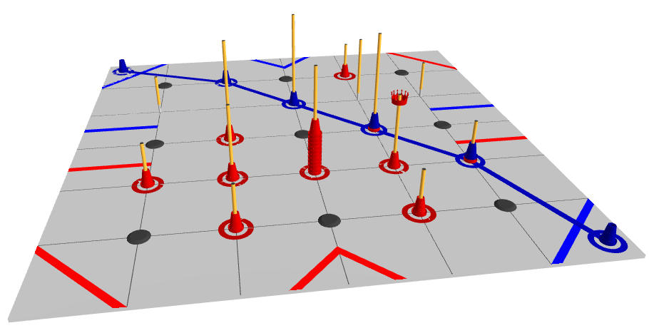 A 3D visualization of the aforementioned match. Blue has scored a circuit with only six cones while red has scored 20 with 9 on the closest high junction.